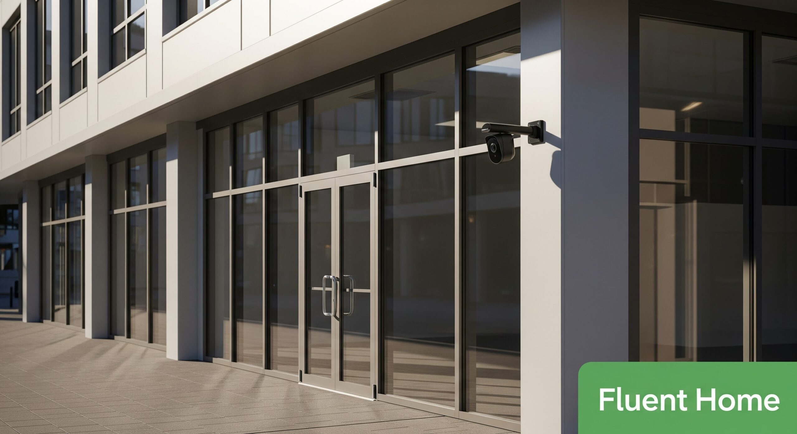 A modern commercial building with large floor-to-ceiling glass windows and double glass entry doors. A security camera is mounted high on the right side of the exterior wall, angled to monitor the entrance walkway. Sunlight casts long shadows across the tiled ground. The bottom right corner features a green box with the text “Fluent Home.”