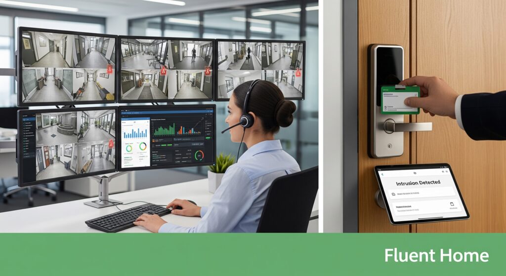 A security monitoring professional wearing a headset sits at a desk with multiple large screens displaying live surveillance camera feeds and analytic dashboards. To the right, a hand holds an access card up to a digital door lock, while a nearby tablet screen shows an intrusion detection alert. The image is branded with the “Fluent Home” logo at the bottom.