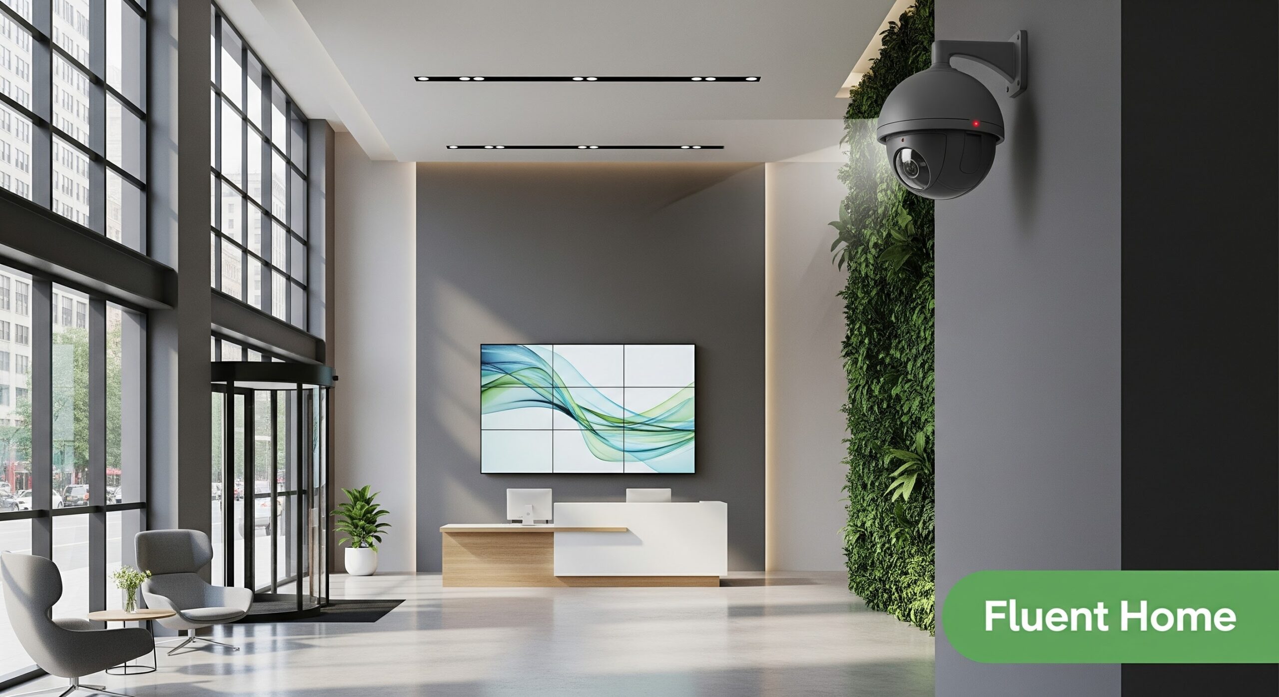 A modern office lobby with tall floor-to-ceiling windows, a sleek white and wood reception desk, and a large wall-mounted display showing abstract green and blue waves. Comfortable lounge chairs sit near the entrance, and a vertical living plant wall adds greenery to the space. A black dome security camera is mounted high on the right wall. The bottom right corner features a green label with the text “Fluent Home.”