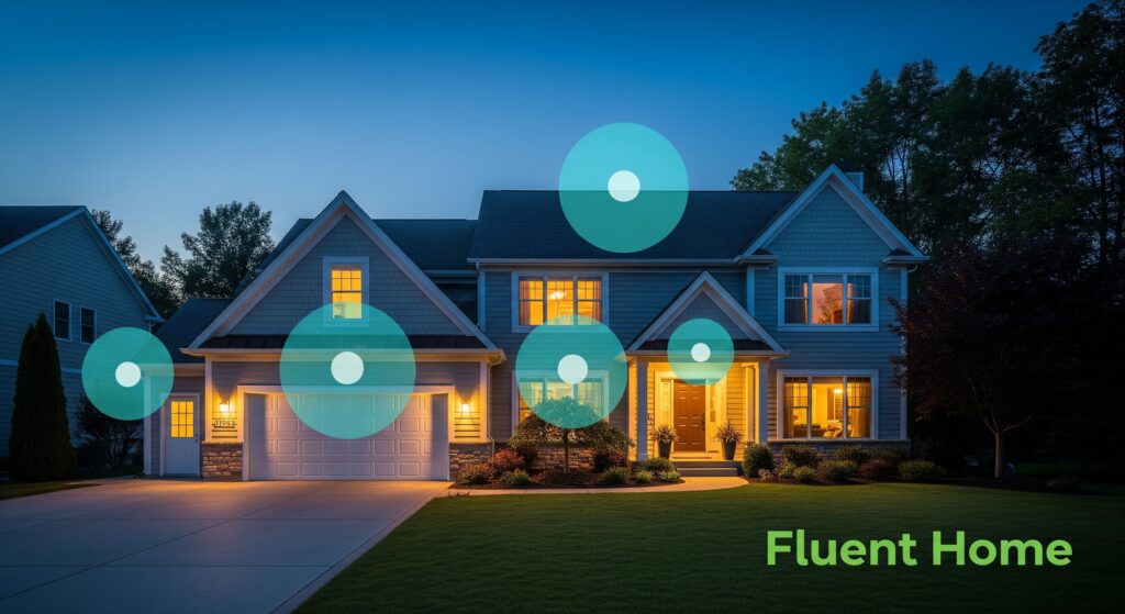 A two-story suburban home at dusk with warm interior lights glowing through the windows. The house features gray siding, a front porch, a three-car garage, and neatly landscaped shrubs along the walkway. Several large teal circular graphics are overlaid across different parts of the home, suggesting smart-home or security system coverage. The words “Fluent Home” appear in green text in the lower right corner.