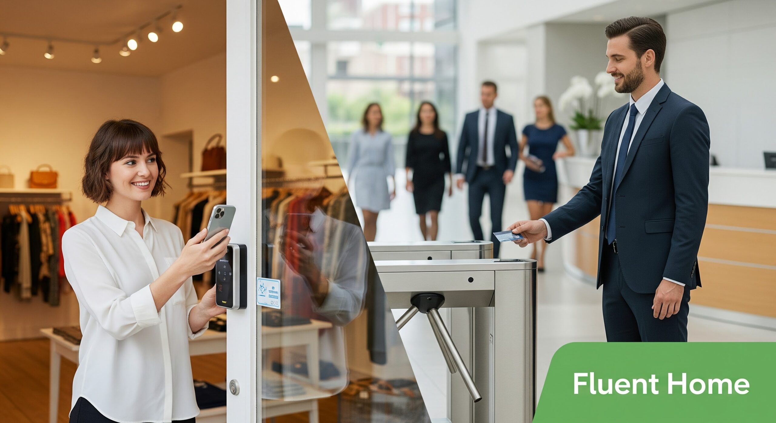 Split-screen image showing two secure access scenarios. On the left, a woman in a retail store uses her smartphone to unlock a smart door. On the right, a man in business attire scans an access card at a turnstile inside a modern office lobby, with colleagues walking in the background. The bottom right corner features the “Fluent Home” logo.