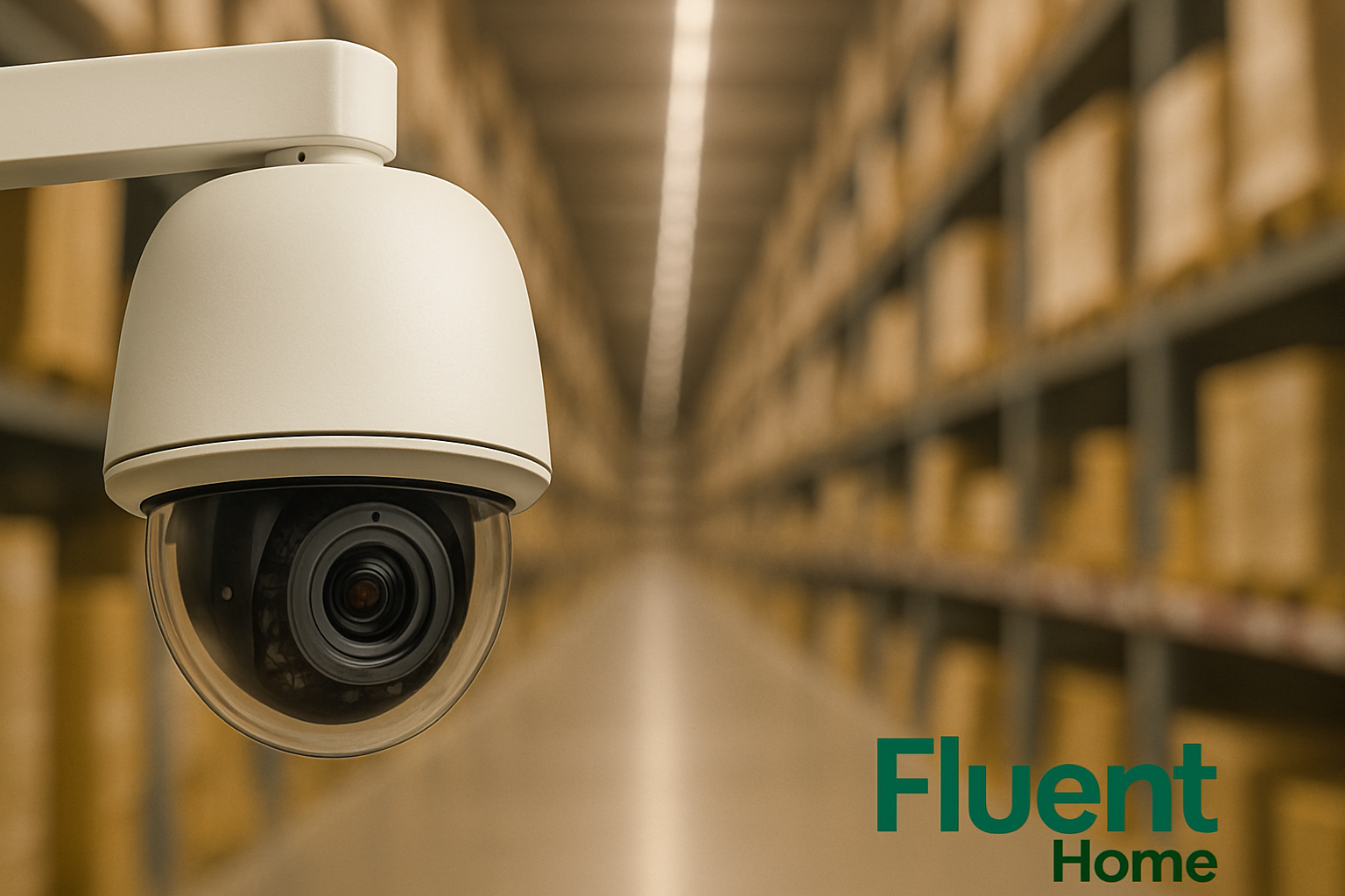 A close-up view of a dome-style security camera mounted indoors, with rows of tall warehouse shelves filled with cardboard boxes blurred in the background. The logo “Fluent Home” appears in the lower right corner.