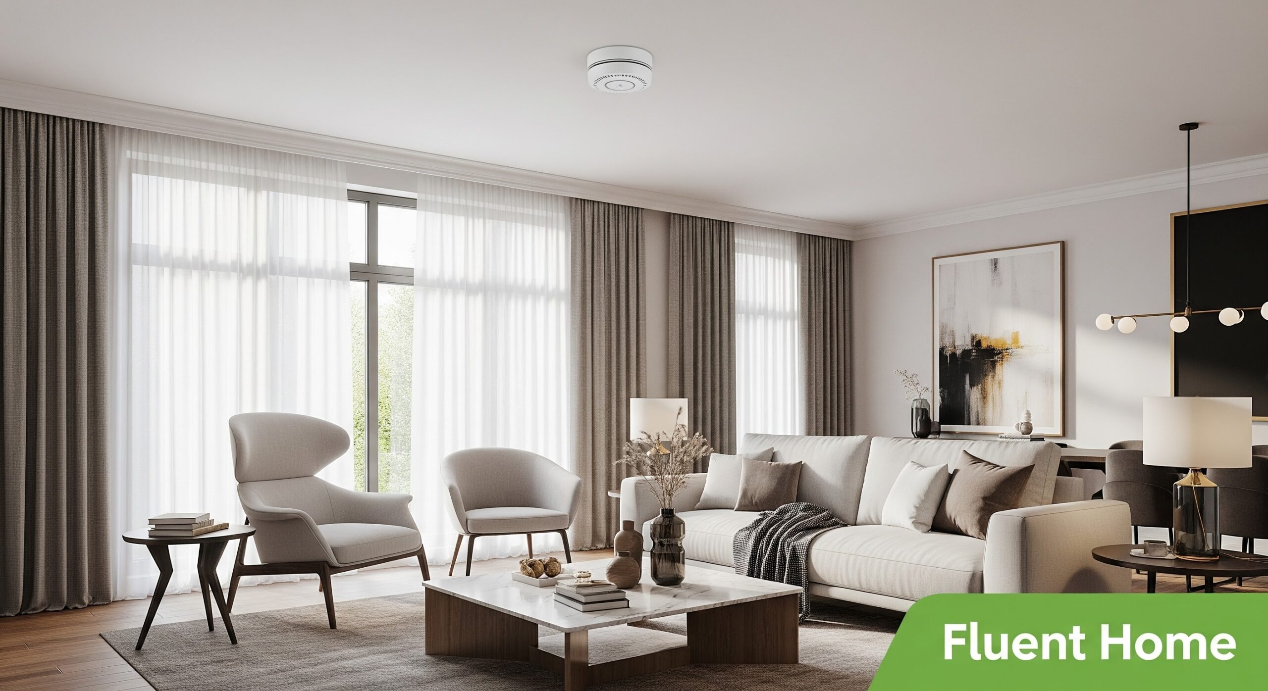A bright, modern living room with large windows, sheer curtains, and neutral-toned furniture, including a sofa, armchairs, and a marble coffee table decorated with vases. A round white smoke or carbon monoxide detector is mounted on the ceiling. The “Fluent Home” logo appears in the bottom right corner.