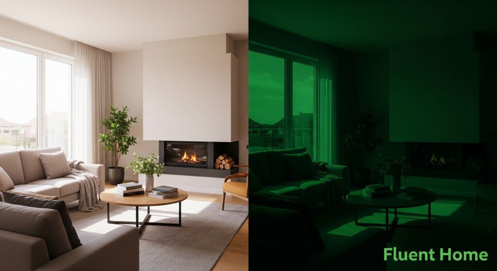 A split-screen image of a modern living room. The left side shows the space in natural daylight, with neutral-toned sofas, a round wooden coffee table with books and flowers, a potted plant, and a fireplace with a small stack of firewood. The right side shows the same room in night-vision green, with the furnishings and layout visible in darker tones. The words “Fluent Home” appear in green text in the lower right corner.
