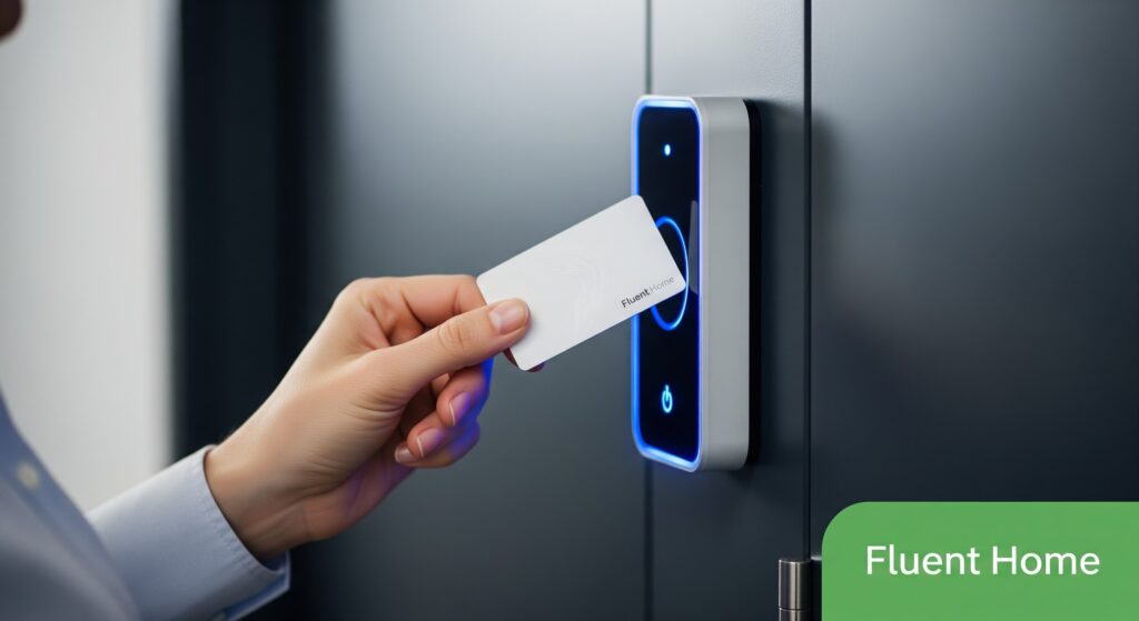 A close-up of a person’s hand holding a white keycard labeled “Fluent Home” and tapping it against a wall-mounted access control reader. The reader glows with blue LED lighting, indicating activation. In the bottom right corner, a green box displays the text “Fluent Home.”