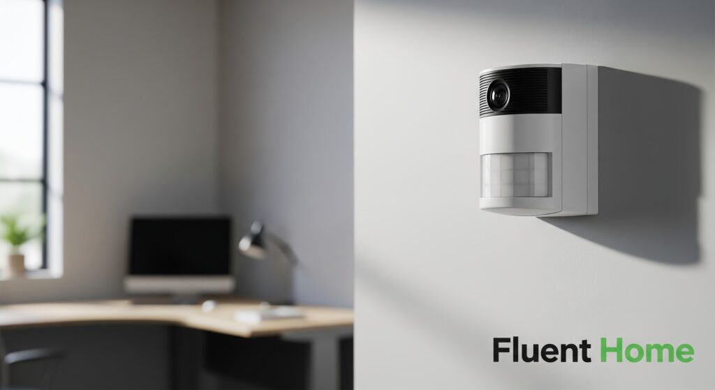 A wall-mounted smart security sensor with a built-in camera and motion detector is shown inside a modern home office. A desk with a computer and lamp sits blurred in the background. The “Fluent Home” logo appears in the lower right corner.