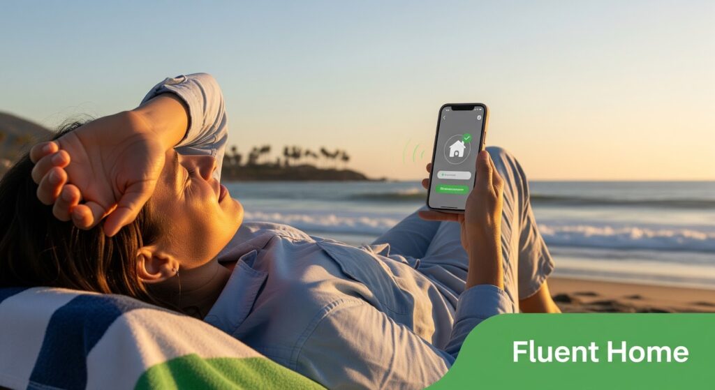 A person relaxing on a beach at sunset, lying on a blanket and holding up a smartphone displaying a smart home control app. Gentle waves and a distant tree-lined shoreline are visible in the background. The “Fluent Home” logo appears in the bottom right corner.