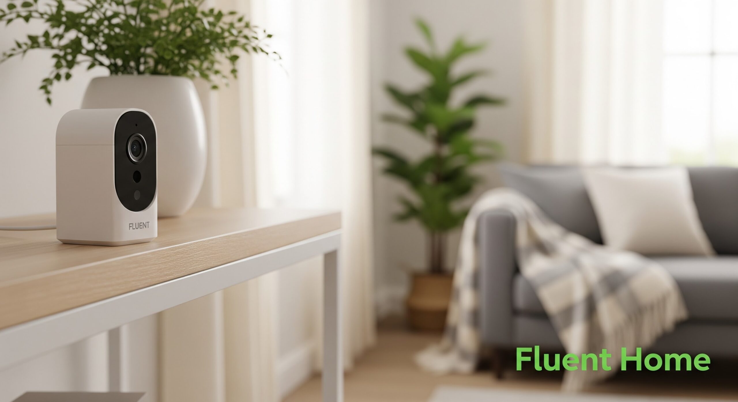 A small white indoor security camera with a black front panel sits on a light wood table beside a white planter with green foliage. In the softly lit background, a gray sofa with a plaid blanket and light-colored pillows is visible, along with a tall potted plant. The words “Fluent Home” appear in green text in the lower right corner.