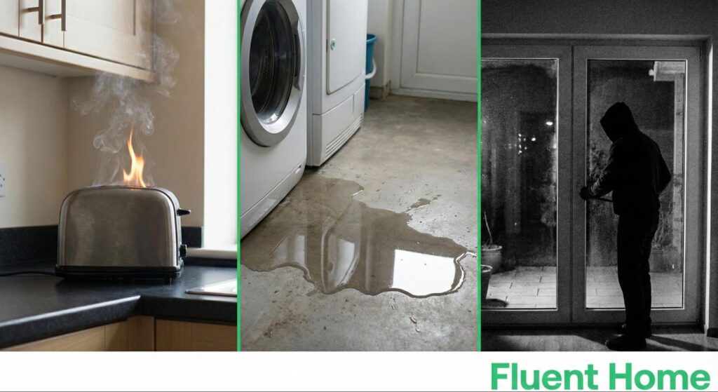 Three household hazards shown: a toaster fire, a washing machine leak, and a hooded intruder at a glass door.