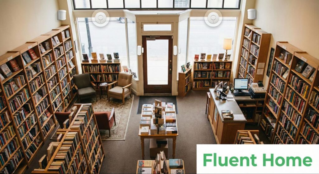 Cozy bookstore with security sensors and detectors placed near the entrance and upper walls.