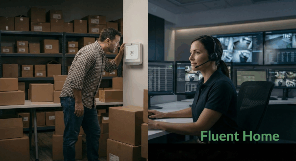 Split image shows a business owner using a Fluent Home control panel to speak with a live monitoring agent watching security feeds.