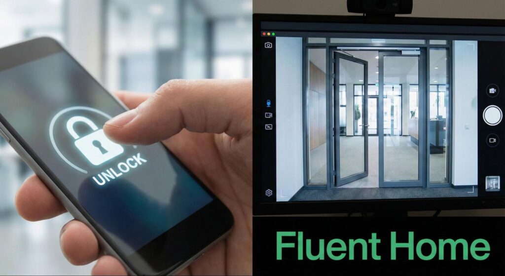 Smartphone unlocking an office door remotely, shown beside a live camera view of the building’s entrance.