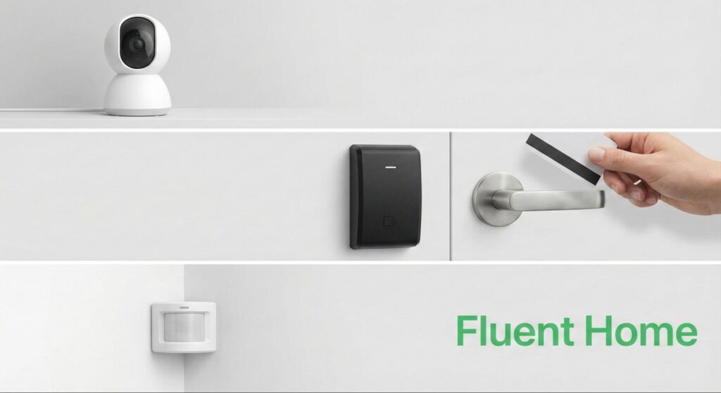 Security devices displayed in a clean layout, including a camera, an access reader with a keycard, and a motion sensor.