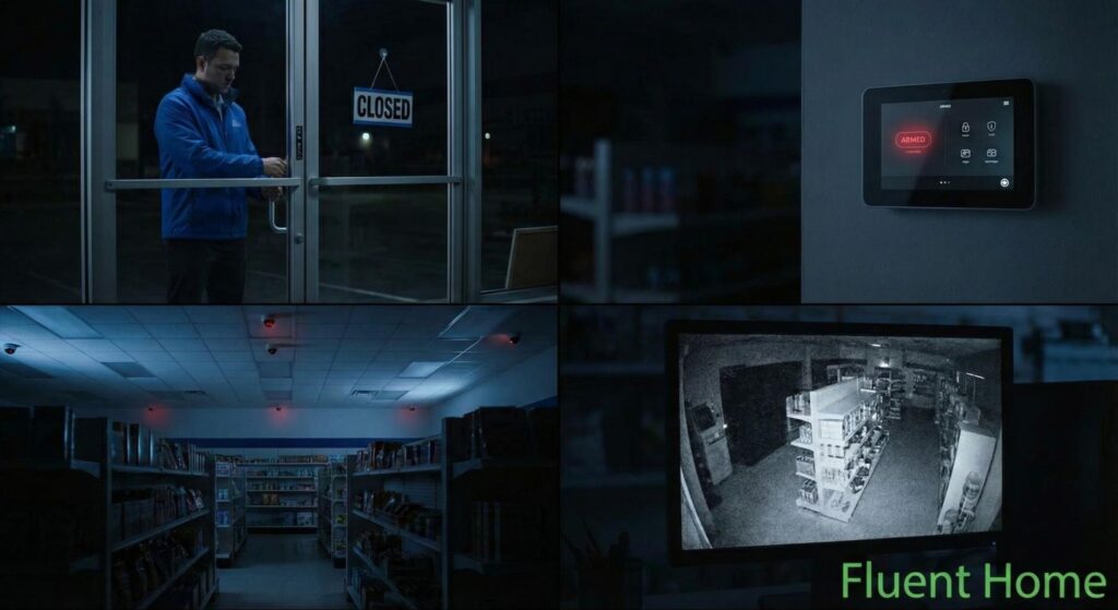 Employee locks the store as the security system arms, with ceiling cameras active and night-vision footage monitoring aisles.