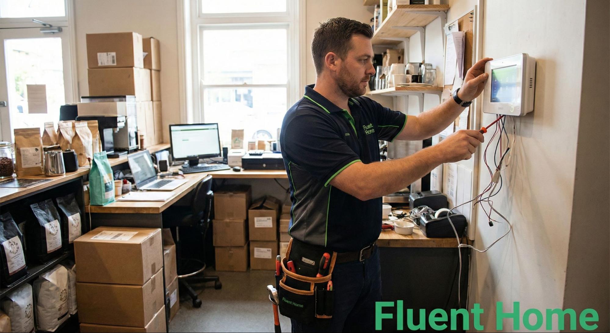 Security technician installing a wall-mounted control panel inside a busy small business workspace.