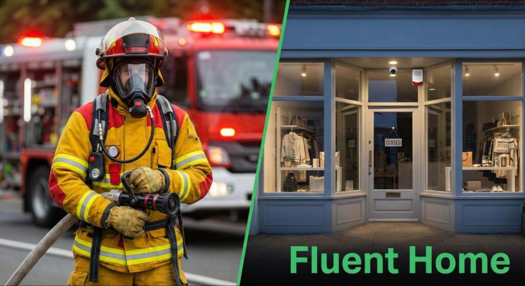 Firefighter in full gear holds a hose beside a fire truck; adjacent storefront shows lit security camera and siren.