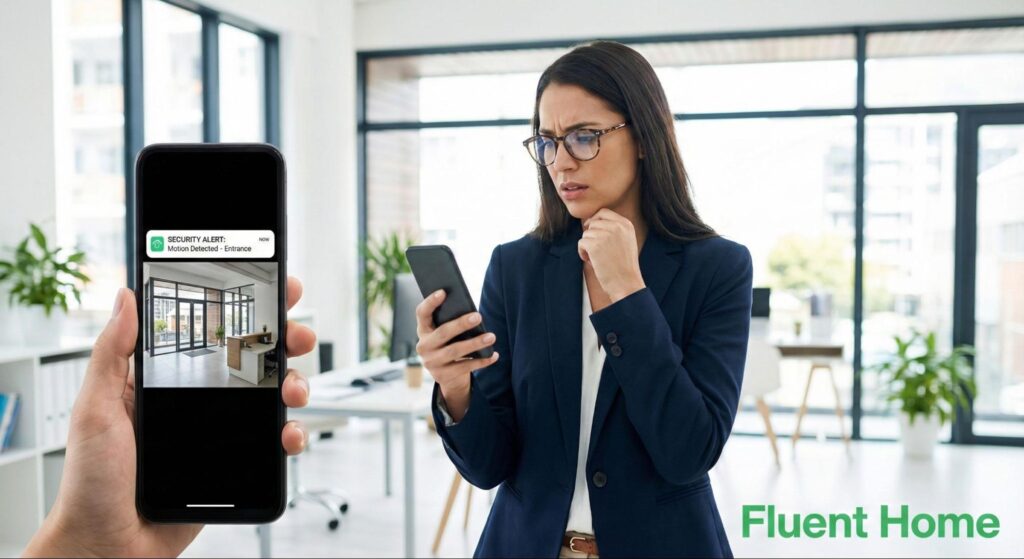 Person checking a phone showing a security alert and live camera feed in an office.