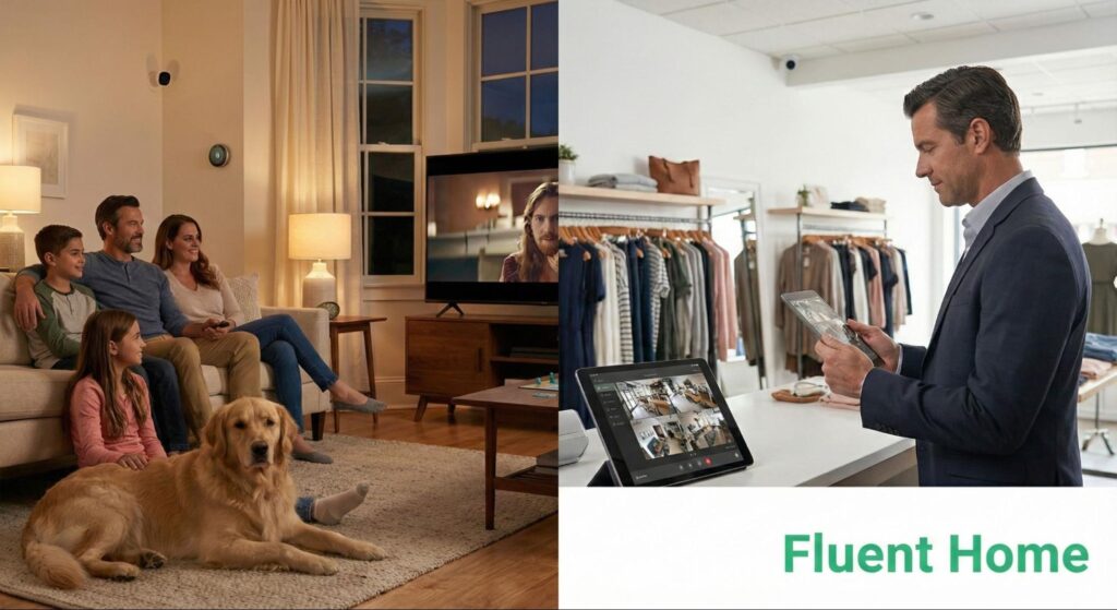 Family watches TV at home with security devices visible, while a shop owner checks live camera feeds on a tablet in his store.