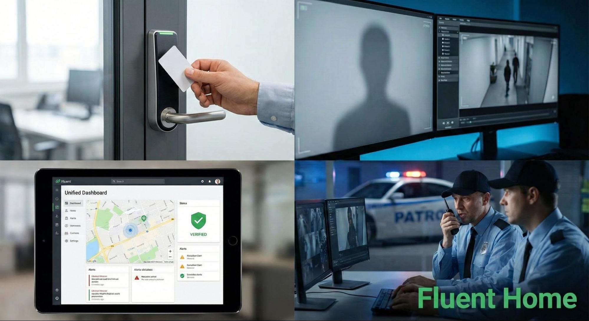 Access card used at a door, security footage reviewed on monitors, dashboard alerts on a tablet, and guards responding.