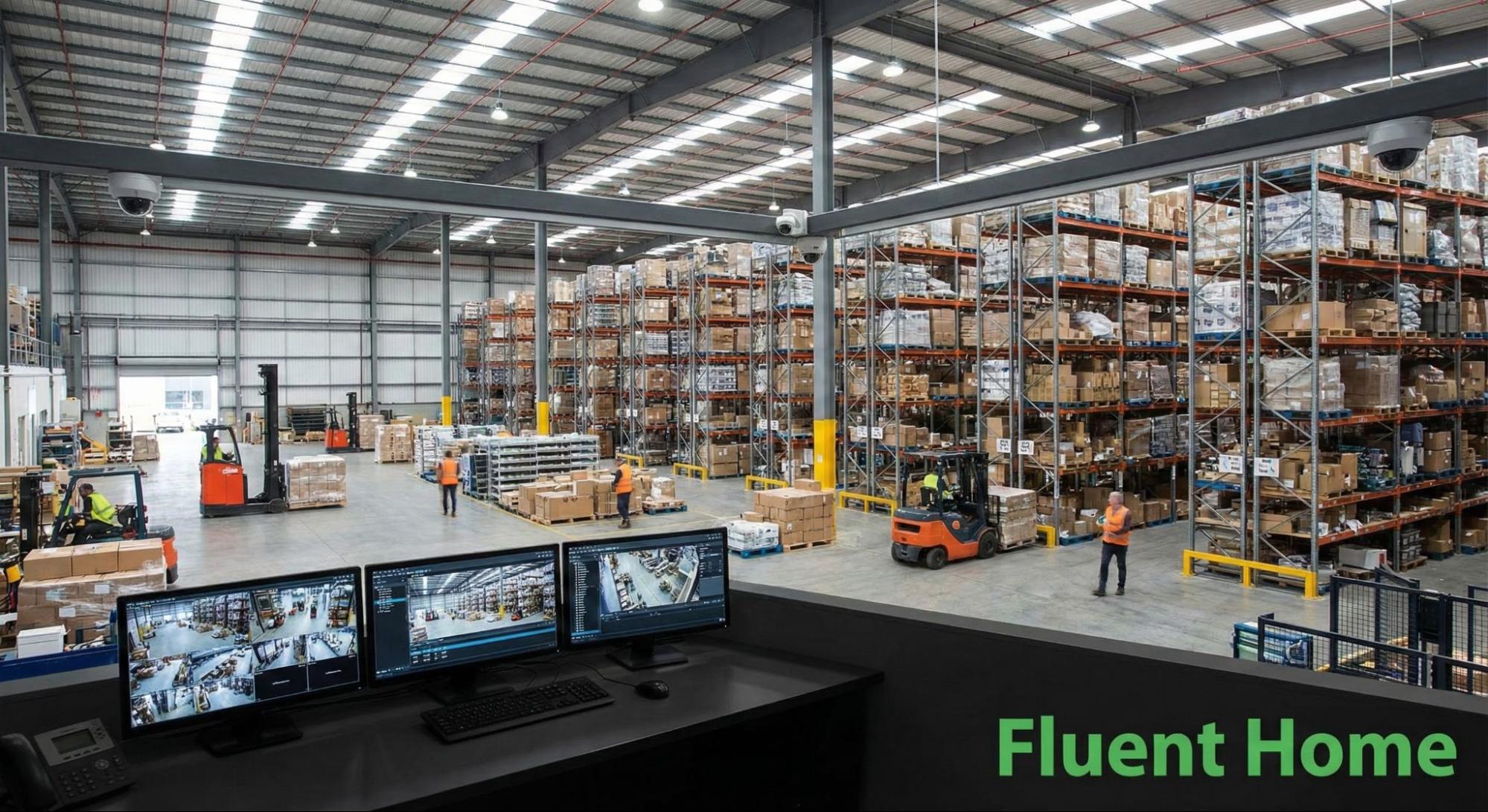 Wide view of a warehouse with shelving, forklifts, and workers, monitored from a security monitoring area overseeing operations.
