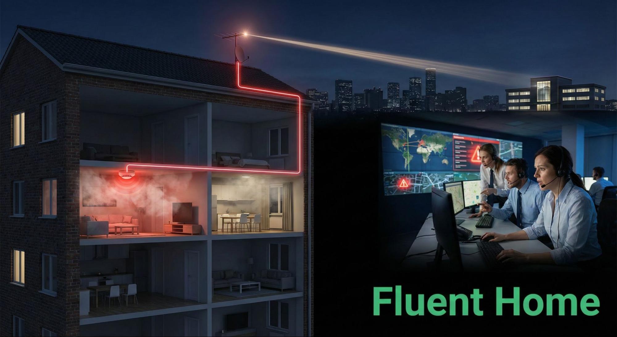 Apartment fire triggers a smoke alarm, sending a signal to a remote monitoring center where operators respond.