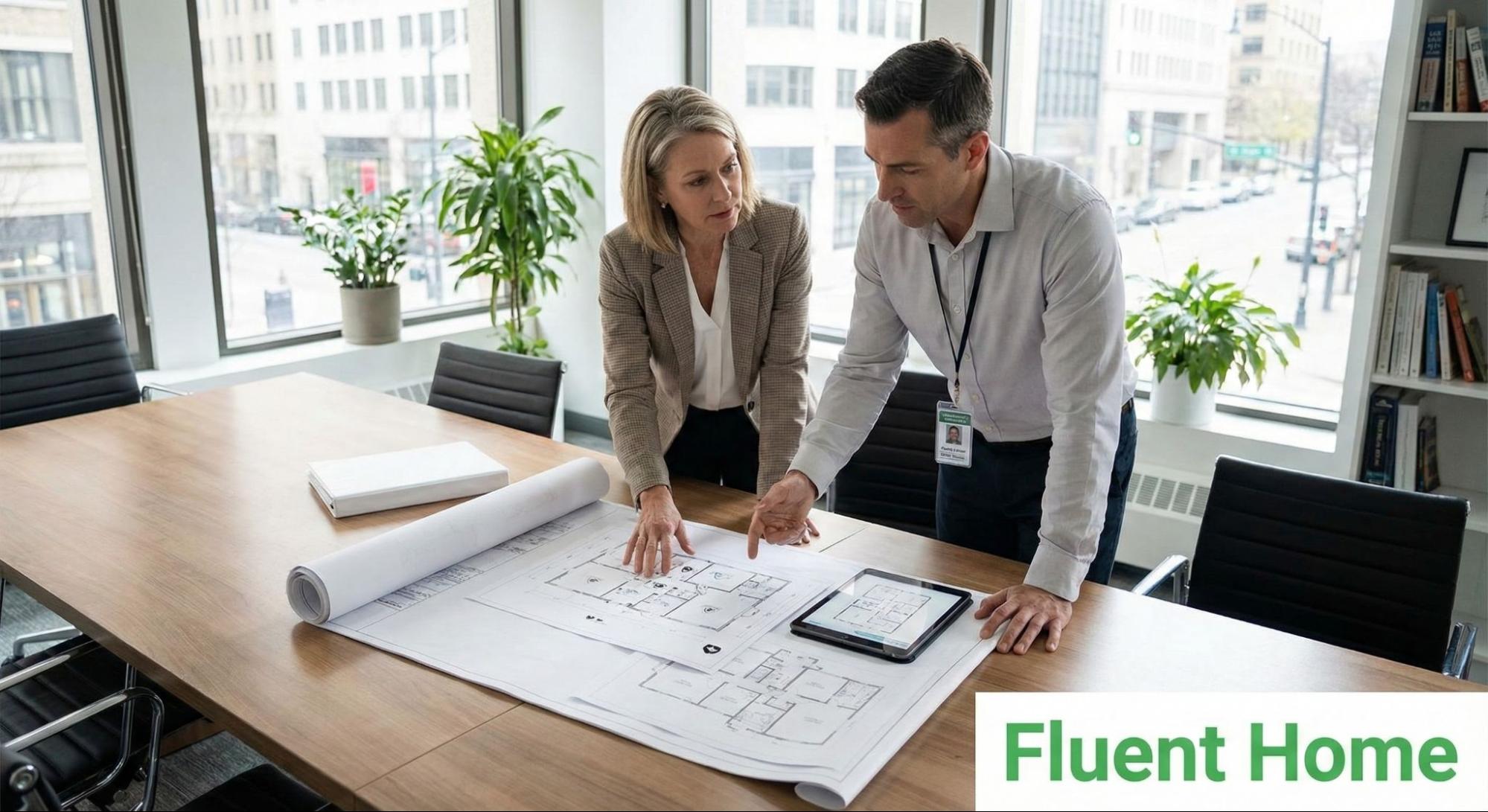 Client reviewing floor plans with a commercial security consultant in a bright office.