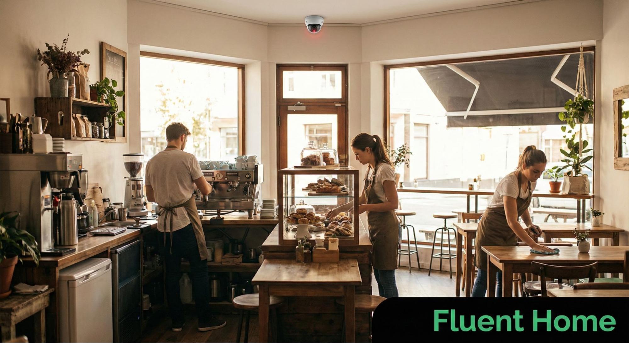 Coffee shop staff preparing drinks and cleaning tables under a ceiling-mounted security camera.