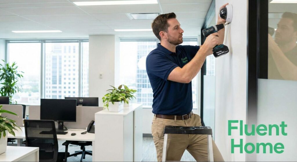 Security technician installs a dome surveillance camera on an office wall using a power drill.