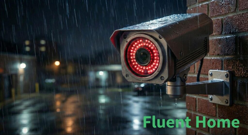 Outdoor security camera with red infrared LEDs mounted on a brick wall, monitoring a rain-soaked area at night.