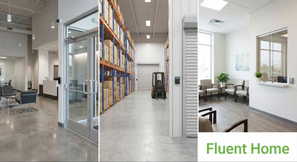 Office lobby, warehouse aisle, and clinic waiting room shown with access control readers and security devices installed.