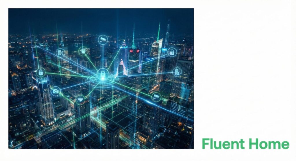 City skyline at night with digital security icons and network lines showing interconnected smart-building protection.