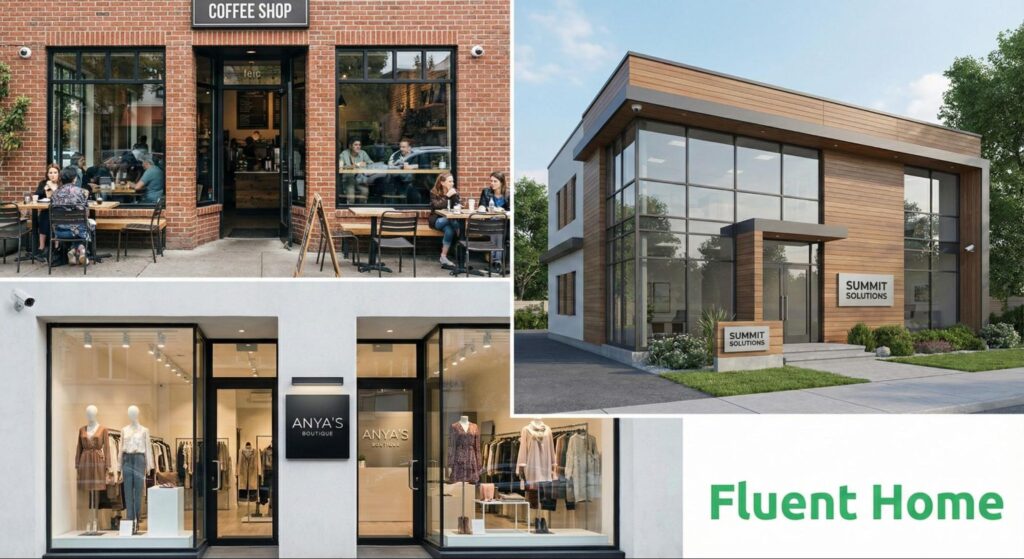 Various small businesses shown, a coffee shop, a boutique, and an office building, each with visible security cameras.