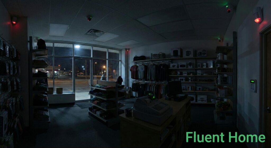 Dark retail store at night with active security sensors and cameras glowing red and green throughout the space.
