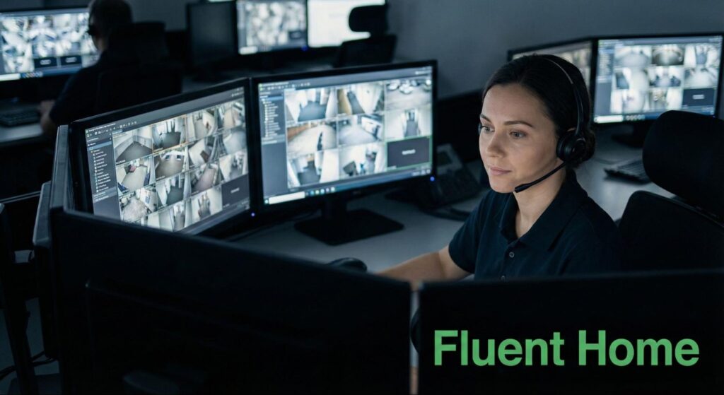 Monitoring agent watching multiple live security camera feeds on several screens in a dark control room.