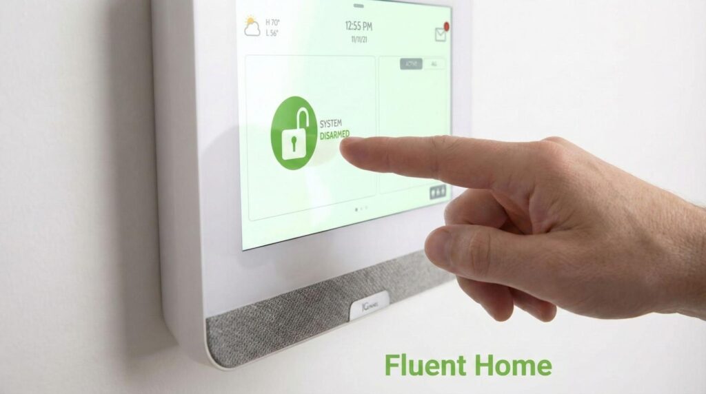 Finger taps a Fluent Home security control panel showing a disarmed system status on a wall-mounted touchscreen.