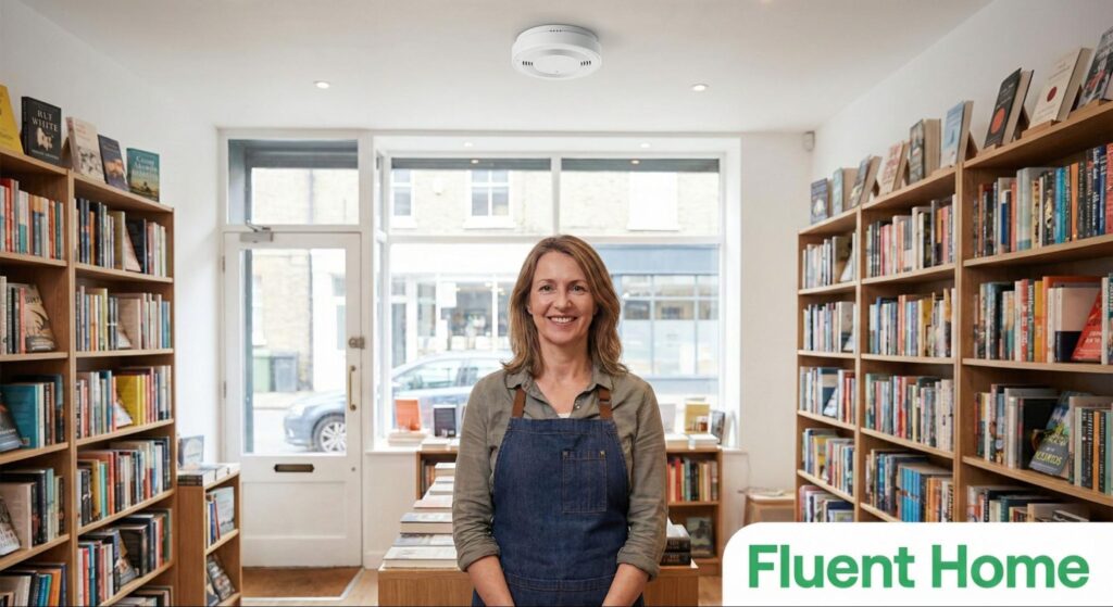 Bookstore owner stands smiling between bookshelves with a ceiling-mounted smoke detector visible above her.