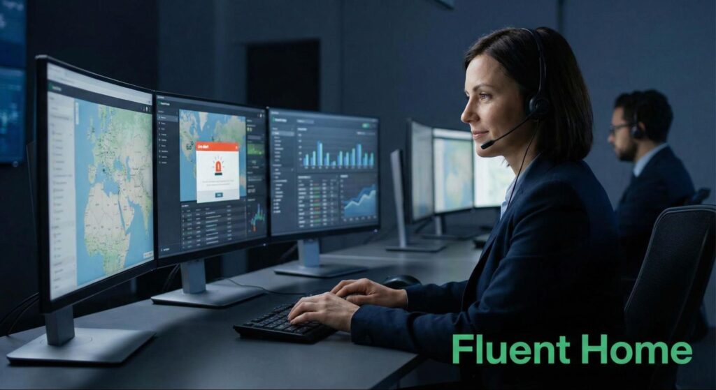 Monitoring agent reviews a live alarm alert on multiple data and map screens inside a security operations center.