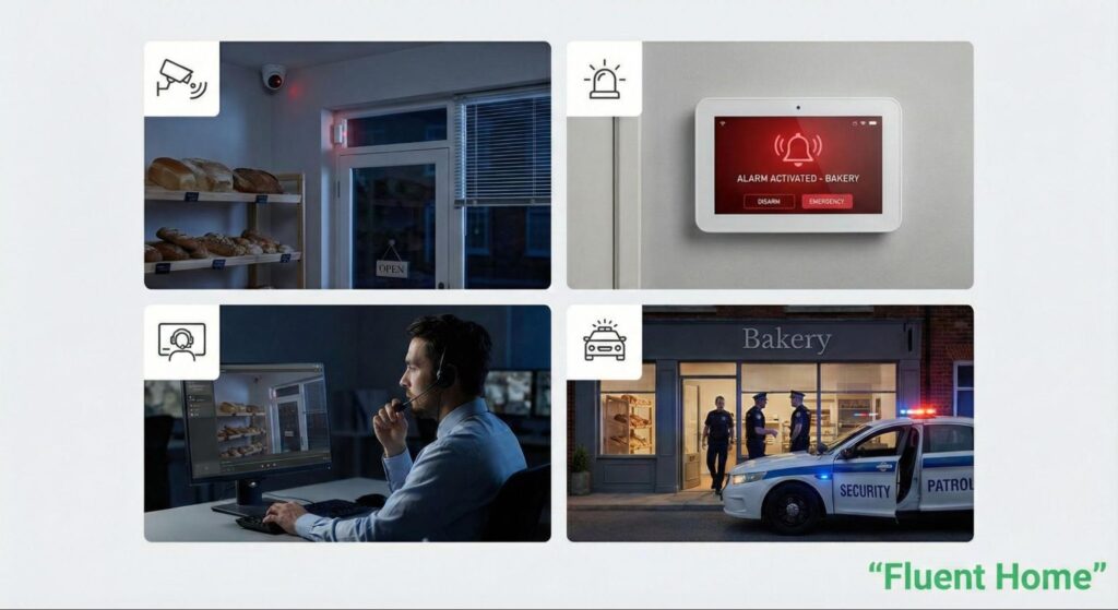 Bakery security event sequence showing camera detection, alarm activation, monitoring review, and patrol response.