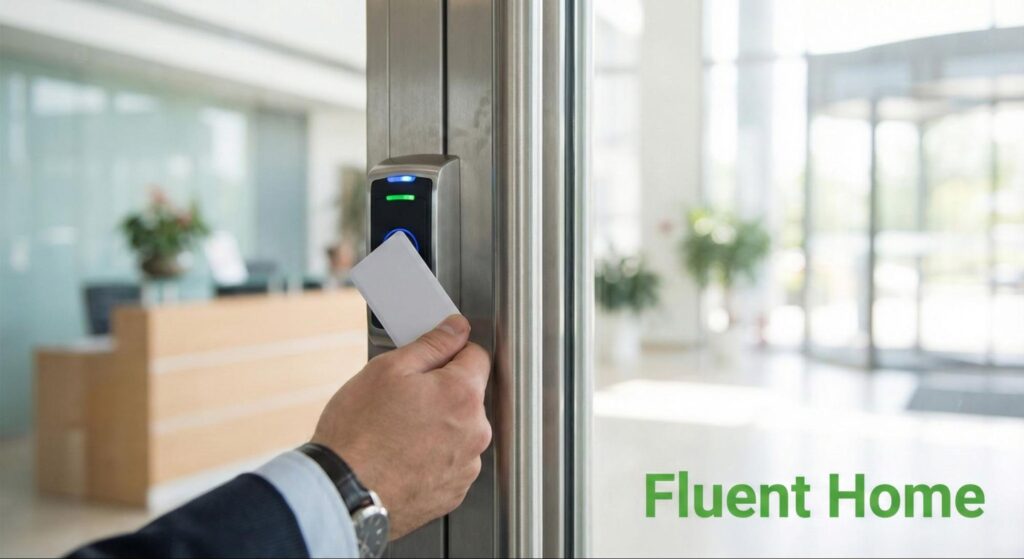 Hand holding a keycard to unlock a secure office door with an access reader.