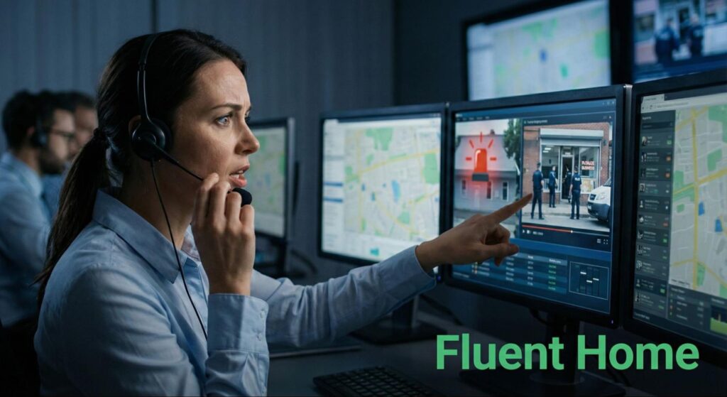 Monitoring center agent reviews a triggered security alert on multiple screens and dispatches assistance
