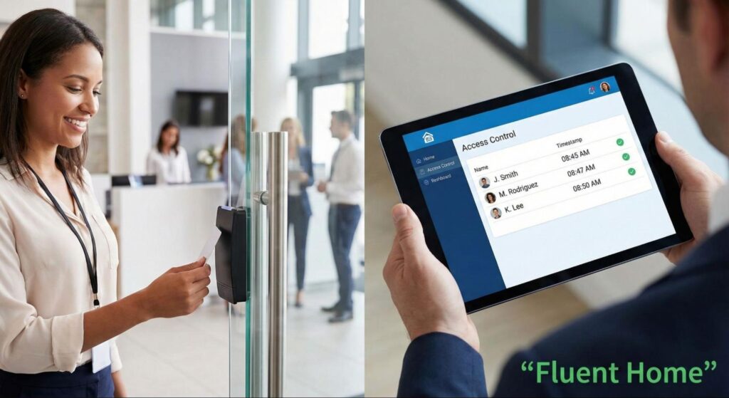 Employee taps a keycard at an office door while a manager reviews access logs on a tablet showing recent entries.