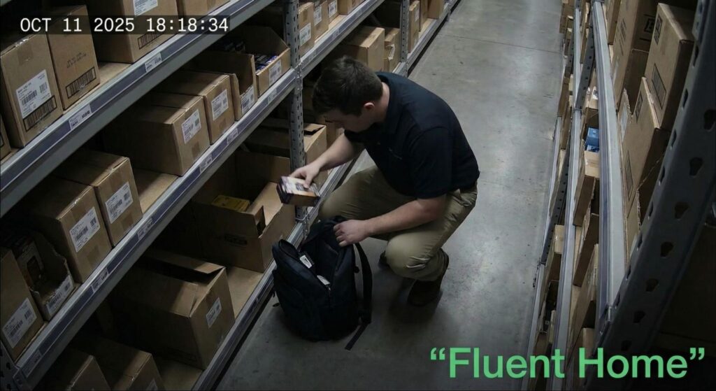 Security footage shows a worker in a warehouse placing boxed items into a backpack between storage shelves.