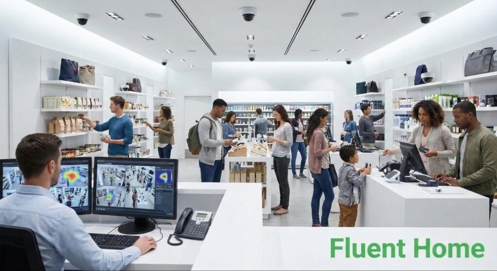 Retail store interior with shoppers and checkout counters, viewed from a security monitoring area tracking activity on surveillance screens.