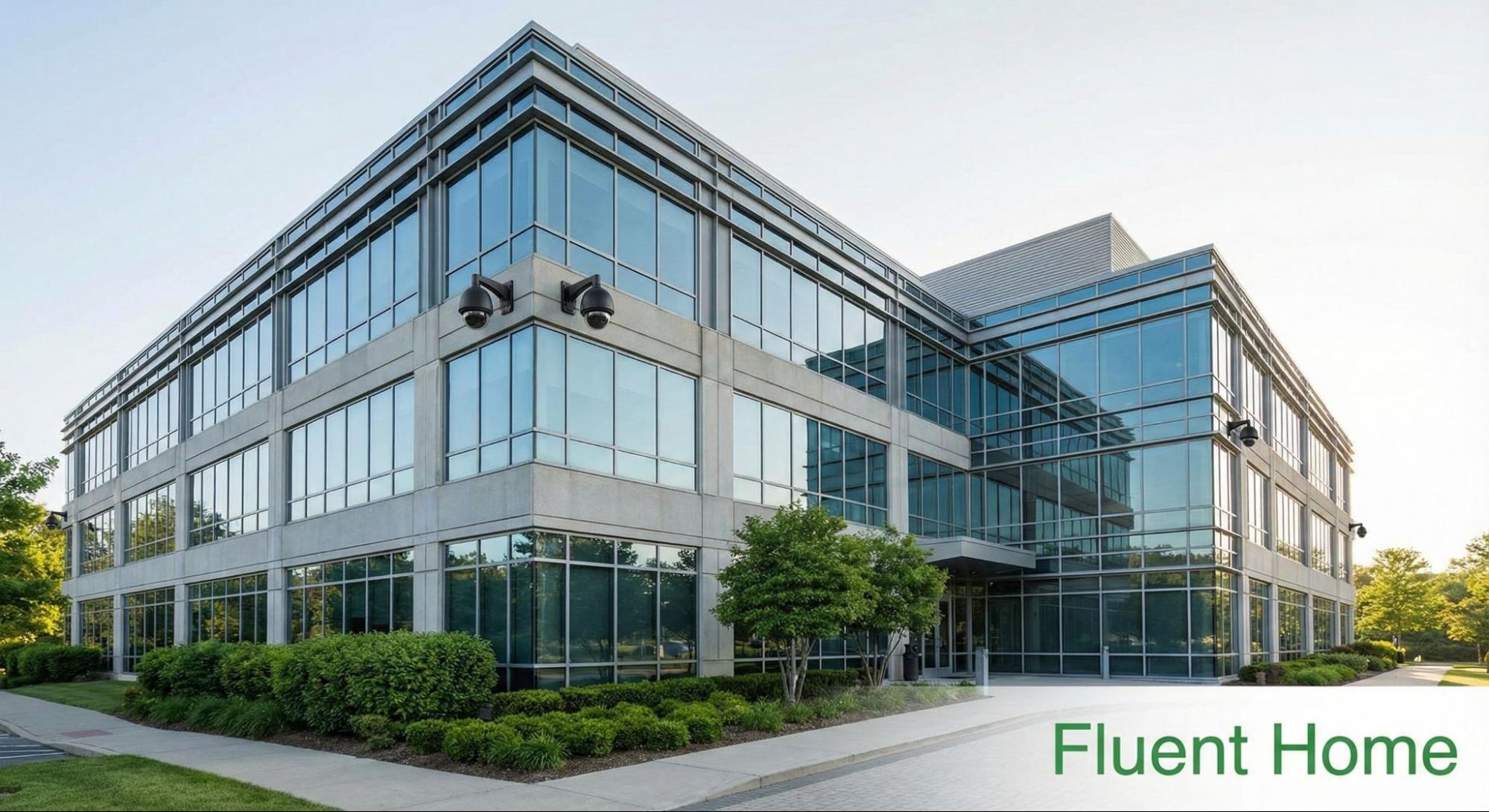 Modern office building with large glass windows and exterior security cameras.