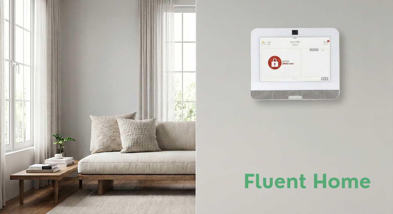 Wall-mounted Fluent Home security control panel shows an armed system status in a bright, modern living room.