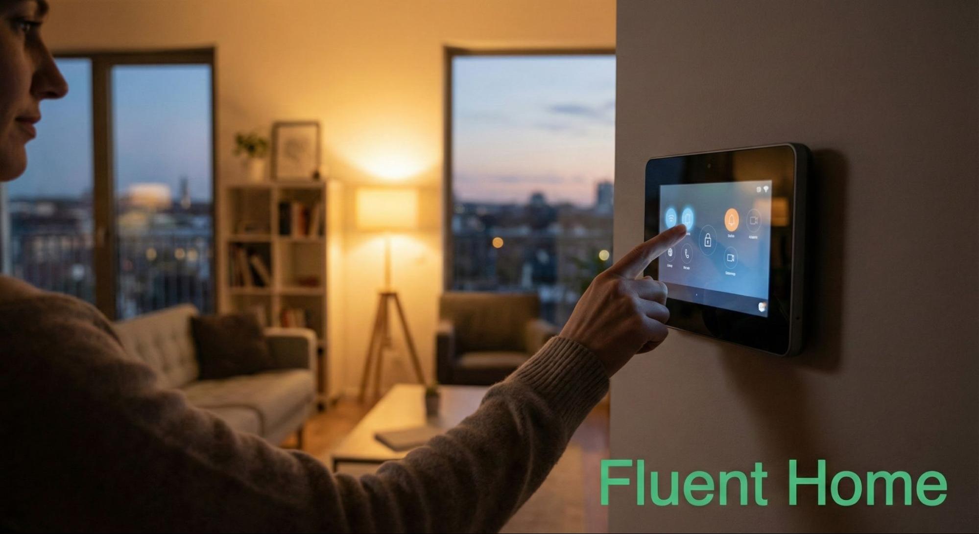 Person using a wall-mounted smart home control panel in a living room at dusk to manage security and connected devices.