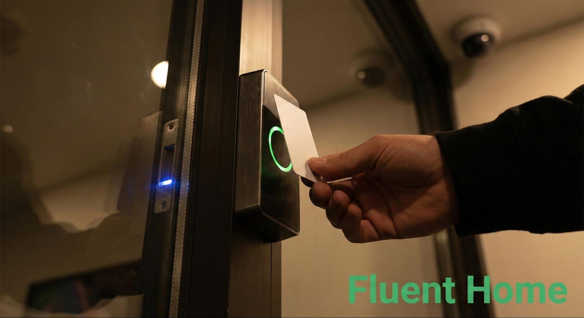 Hand holding a keycard to unlock a door using a green-lit access control reader, with a security camera above.