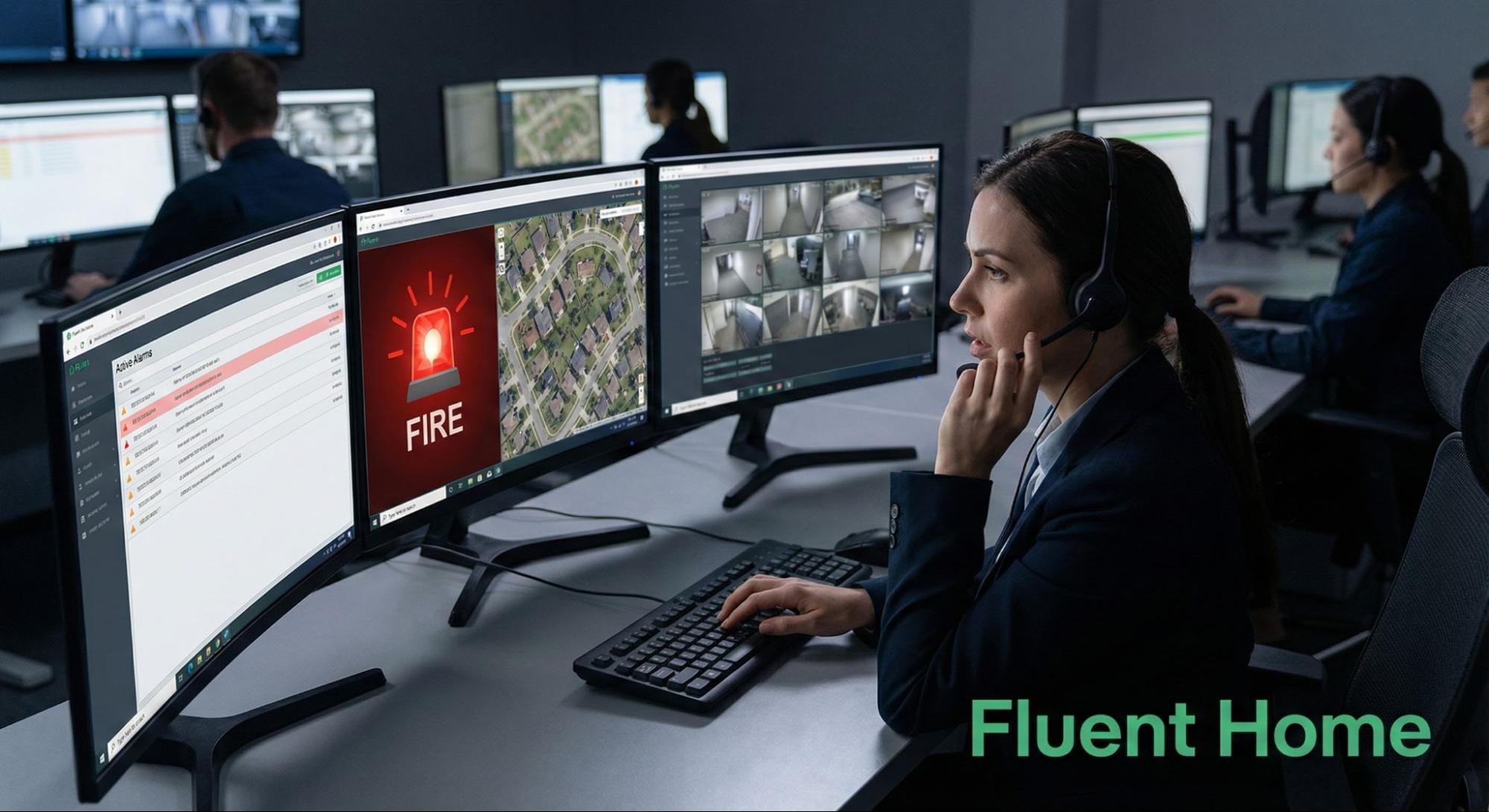Monitoring agent responds to a fire alarm alert displayed across multiple security and map screens.