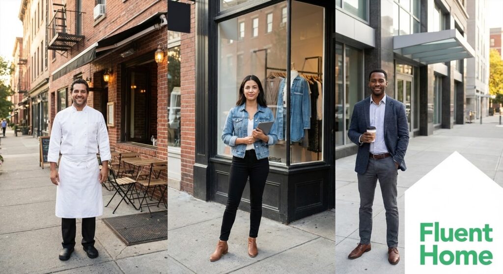 Three business owners stand outside their shops: a chef, a boutique owner with a tablet, and an office professional.
