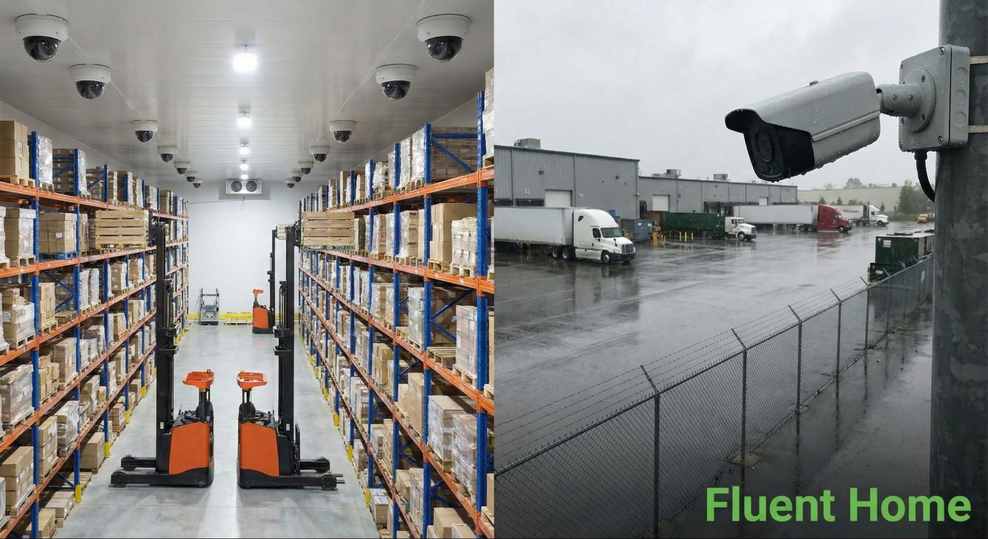 Warehouse interior with pallet racks and forklifts monitored by ceiling cameras, alongside an outdoor security camera watching a loading yard.